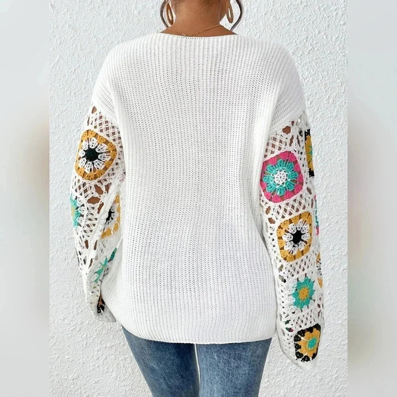 Floral Pattern Drop Shoulder Pointelle Knit Sweater - Picture 6 of 6